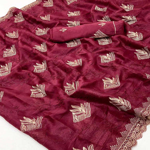Elegant Maroon Georgette Saree Accented With Intricate Floral Thread Embroidery