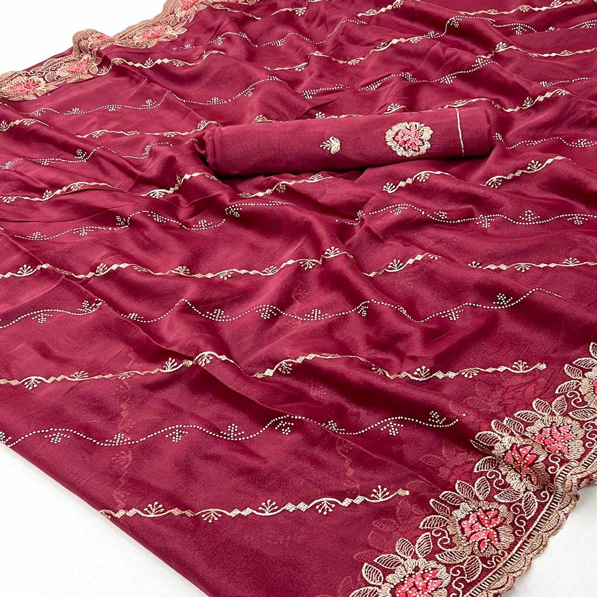 Graceful Maroon Floral Thread & Zari Embroidered Georgette Saree