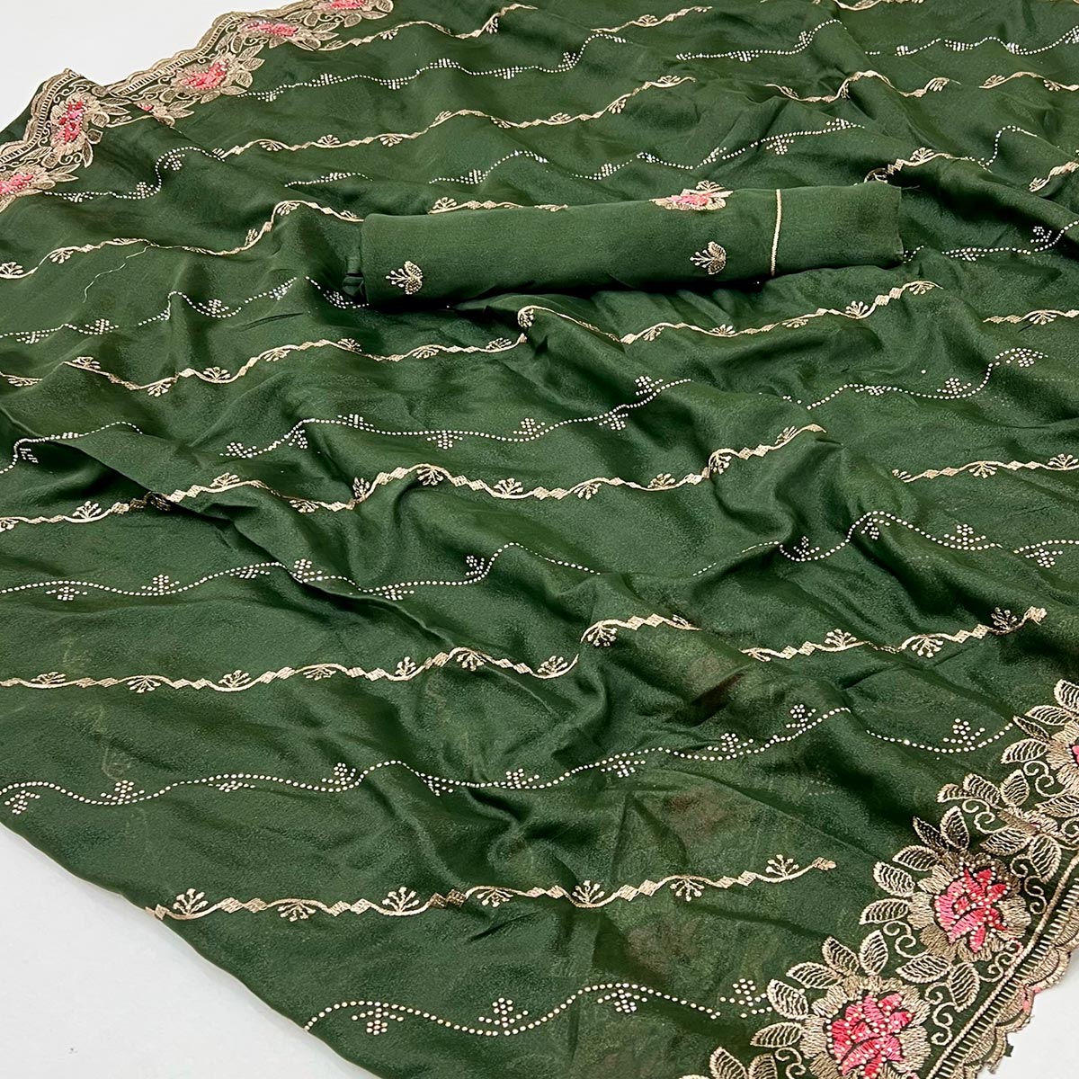 Graceful Green Floral Thread & Zari Embroidered Georgette Saree