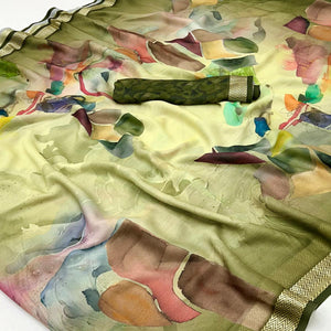 Graceful Green Georgette Saree Accented With Digital Prints & Viscose Border Finish