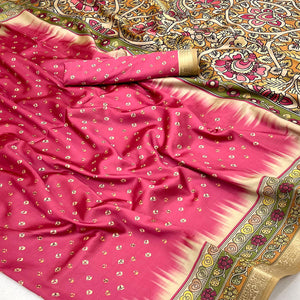 Pink Traditional Bandhani & Floral Digital Printed Art Silk Saree With Peacock Motif Pallu