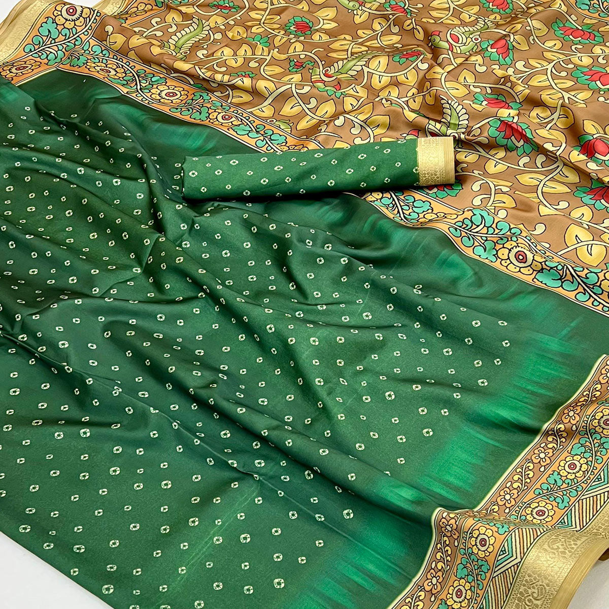 Green Traditional Bandhani & Floral Digital Printed Art Silk Saree With Peacock Motif Pallu