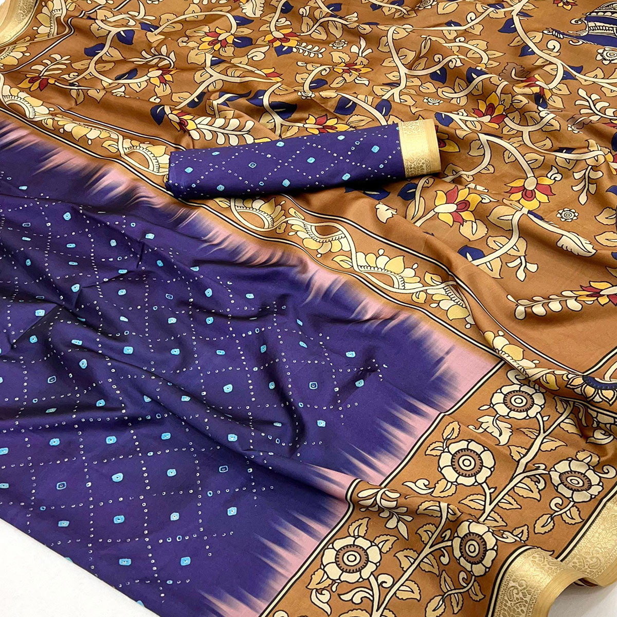 Blue Traditional Bandhani & Floral Digital Printed Art Silk Saree With Peacock Motif Pallu