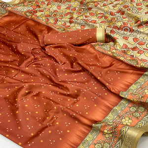 Rust Traditional Bandhani & Floral Digital Printed Art Silk Saree With Tassel Pallu