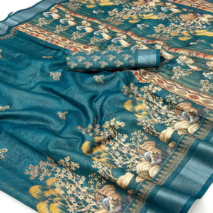 Morpich Blue Floral Digital Printed Cotton Blend Weaving Zari Saree With Tassel Pallu
