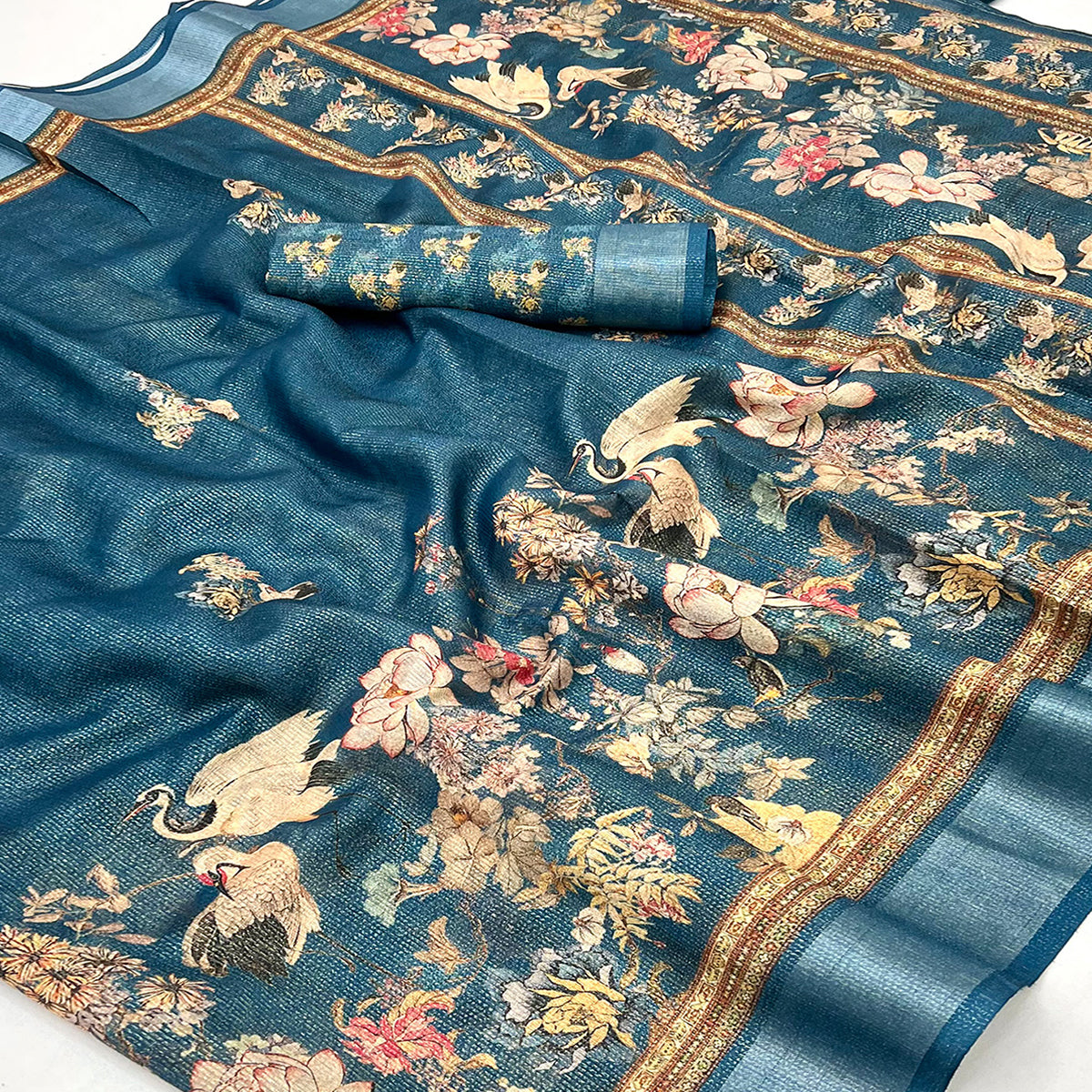 Blue Floral Digital Printed Cotton Blend Weaving Zari Saree With Tassel Pallu