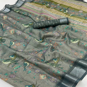 Grey Floral Digital Printed Cotton Blend Weaving Zari Saree With Tassel Pallu