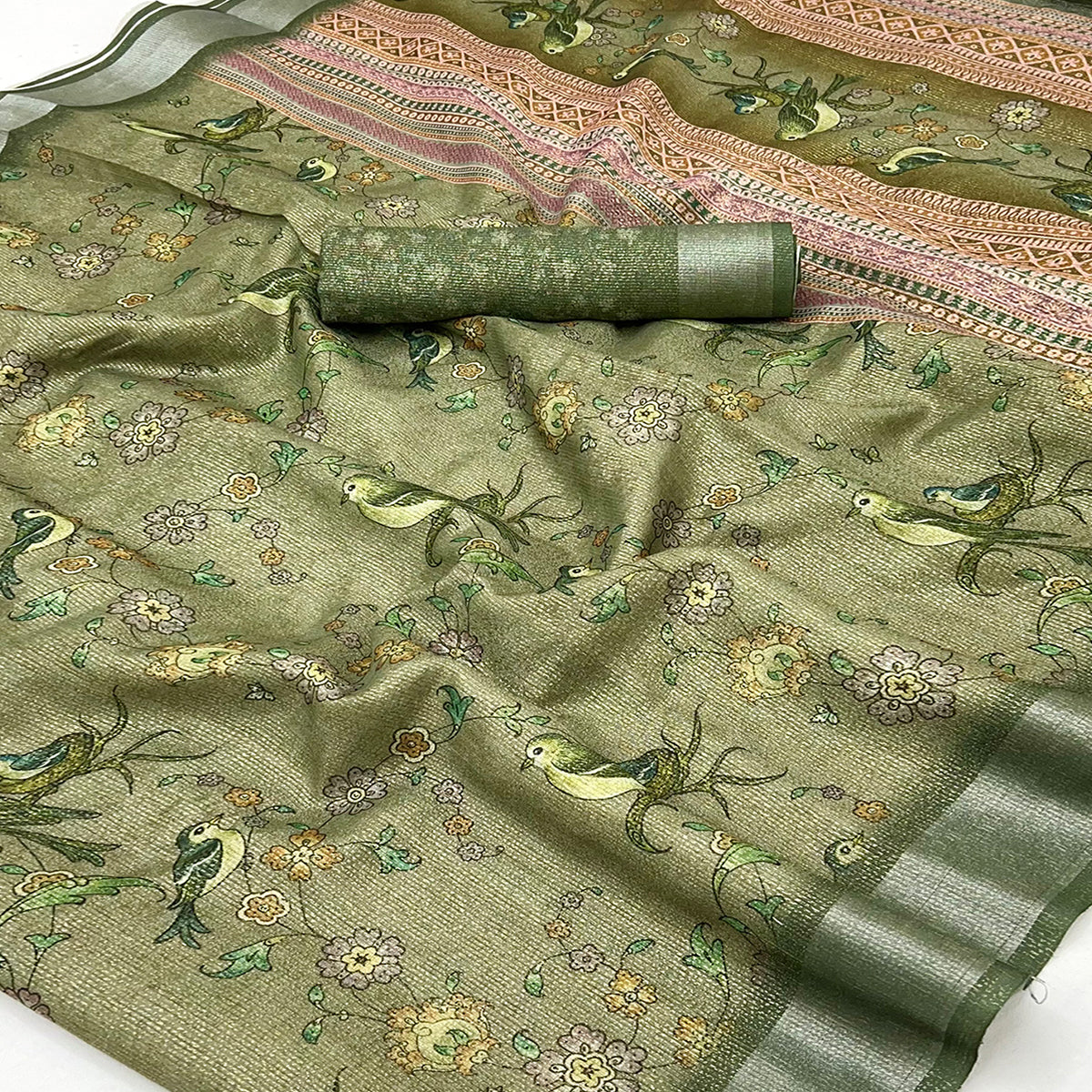 Green Floral Digital Printed Cotton Blend Weaving Zari Saree With Tassel Pallu