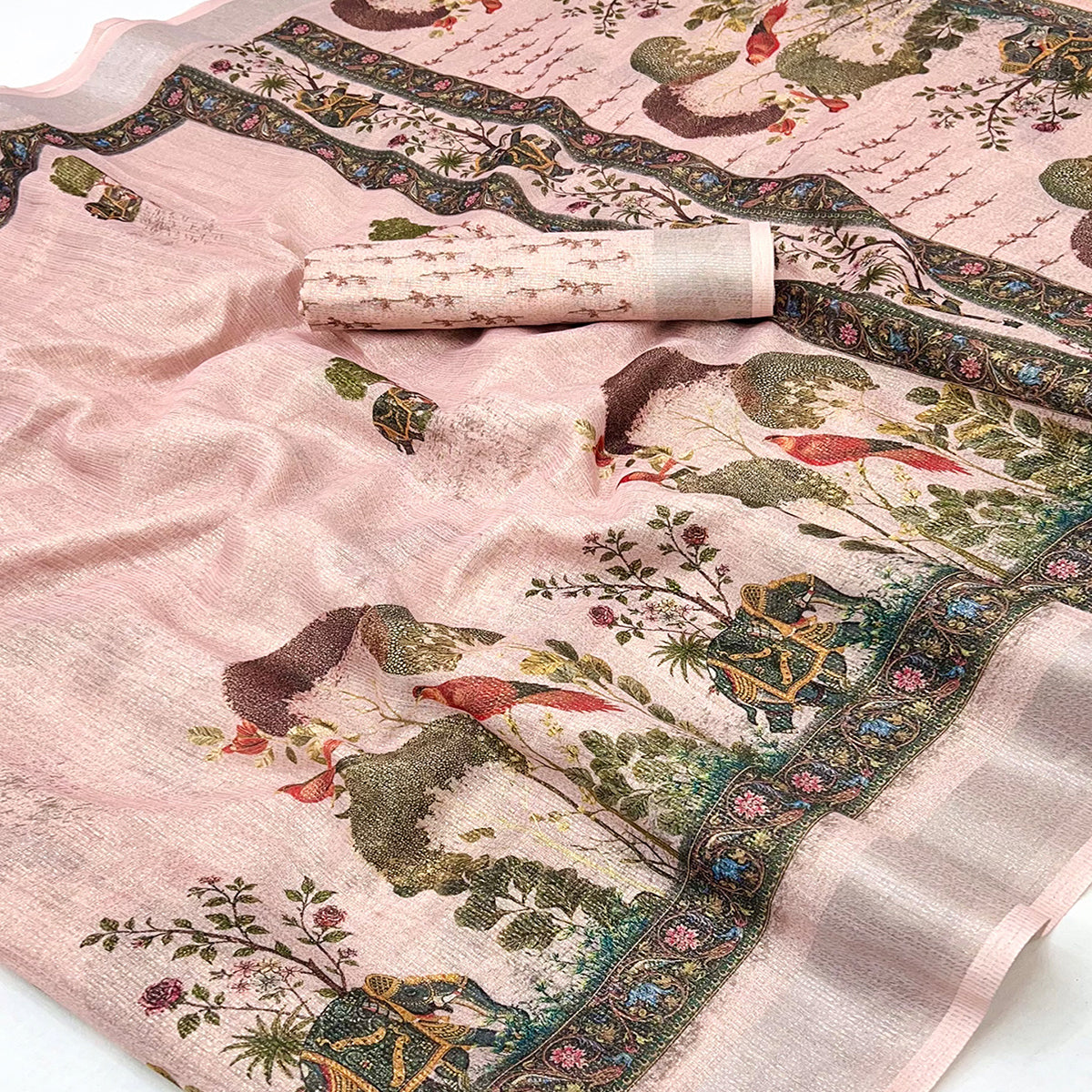 Pink Floral Digital Printed Cotton Blend Weaving Zari Saree With Tassel Pallu
