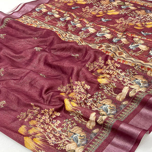 Wine Floral Digital Printed Cotton Blend Weaving Zari Saree With Tassel Pallu