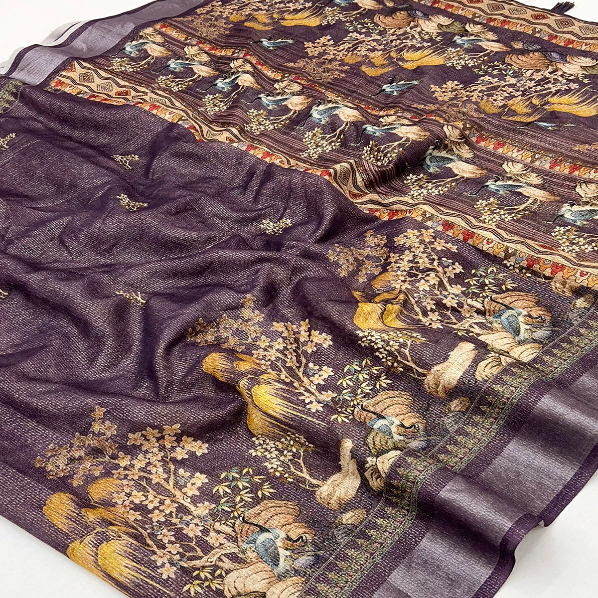 Purple Floral Digital Printed Cotton Blend Weaving Zari Saree With Tassel Pallu