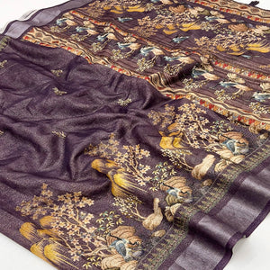 Purple Floral Digital Printed Cotton Blend Weaving Zari Saree With Tassel Pallu