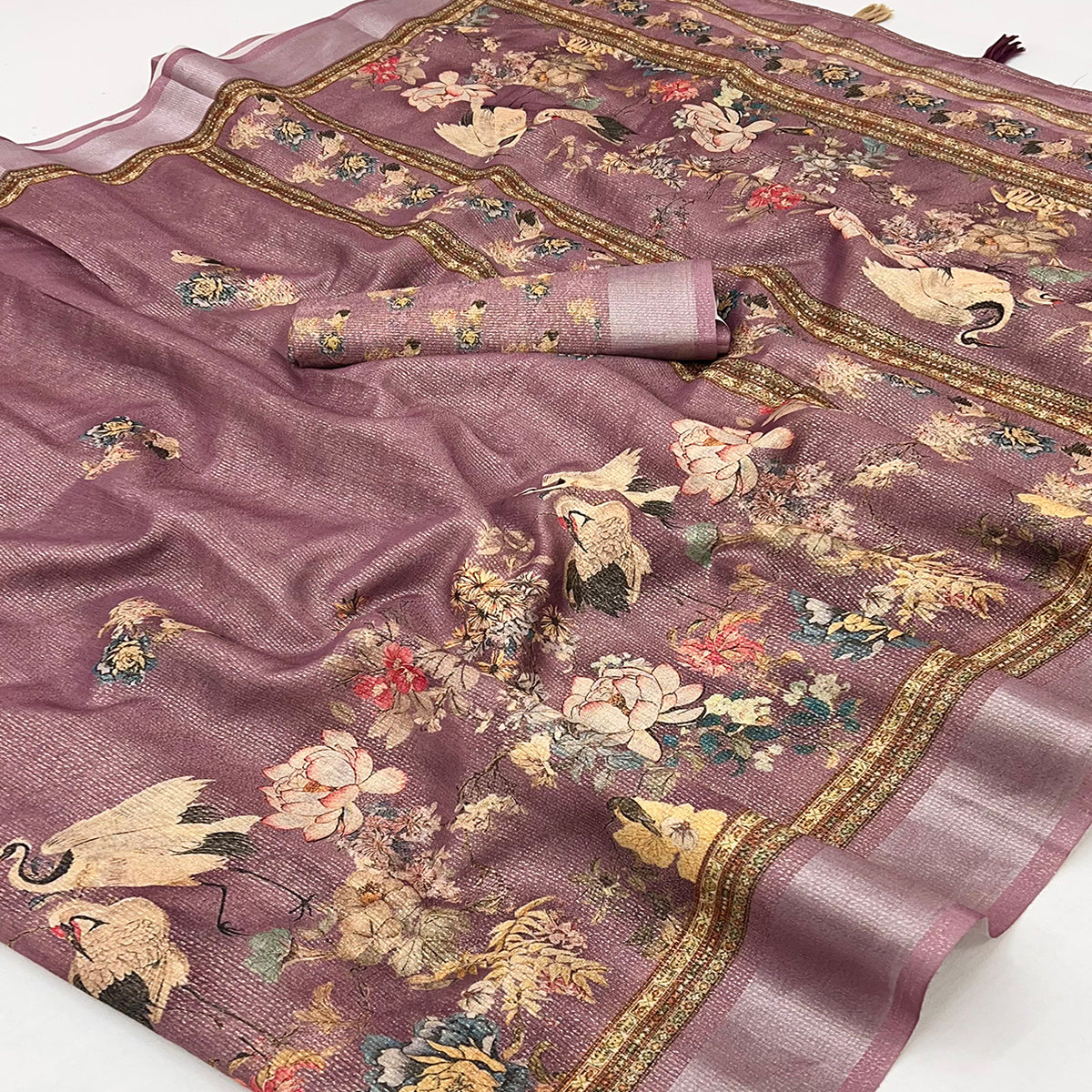 Dark Mauve Floral Digital Printed Cotton Blend Weaving Zari Saree With Tassel Pallu