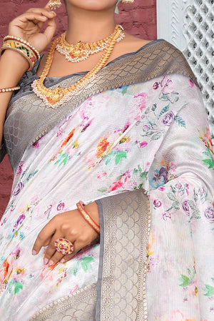 Light Grey Floral Digital Printed Silk Blend Saree With Intricate Weaving Border & Tassel Pallu