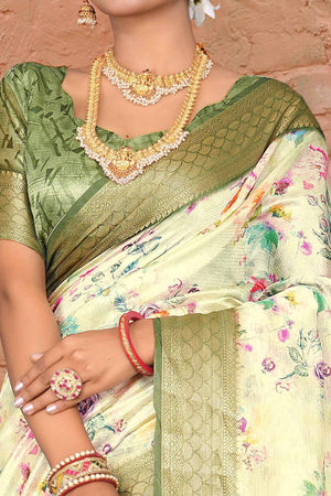 Pista Green Floral Digital Printed Silk Blend Saree With Intricate Weaving Border & Tassel Pallu