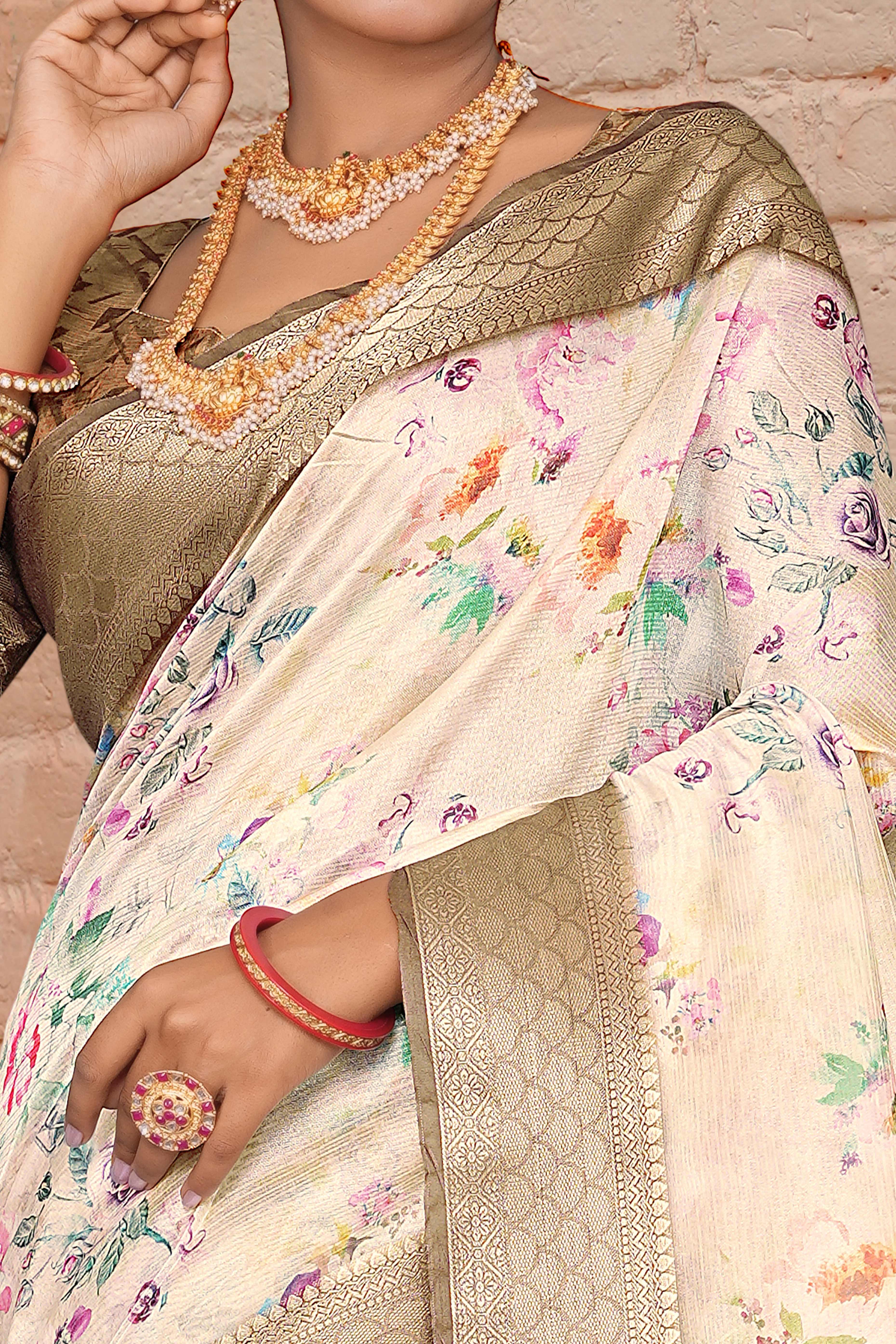 Light Peach Floral Digital Printed Silk Blend Saree With Intricate Weaving Border & Tassel Pallu