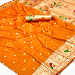 Orange Floral Zari Weaving Work Silk Blend Paithani Saree With Traditional Charm