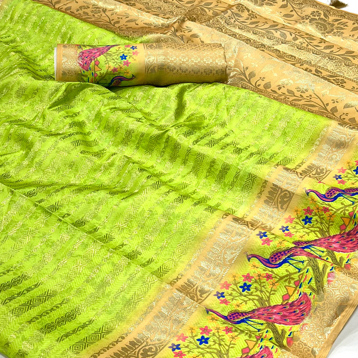 Green Woven With Digital Printed Raw Silk Saree