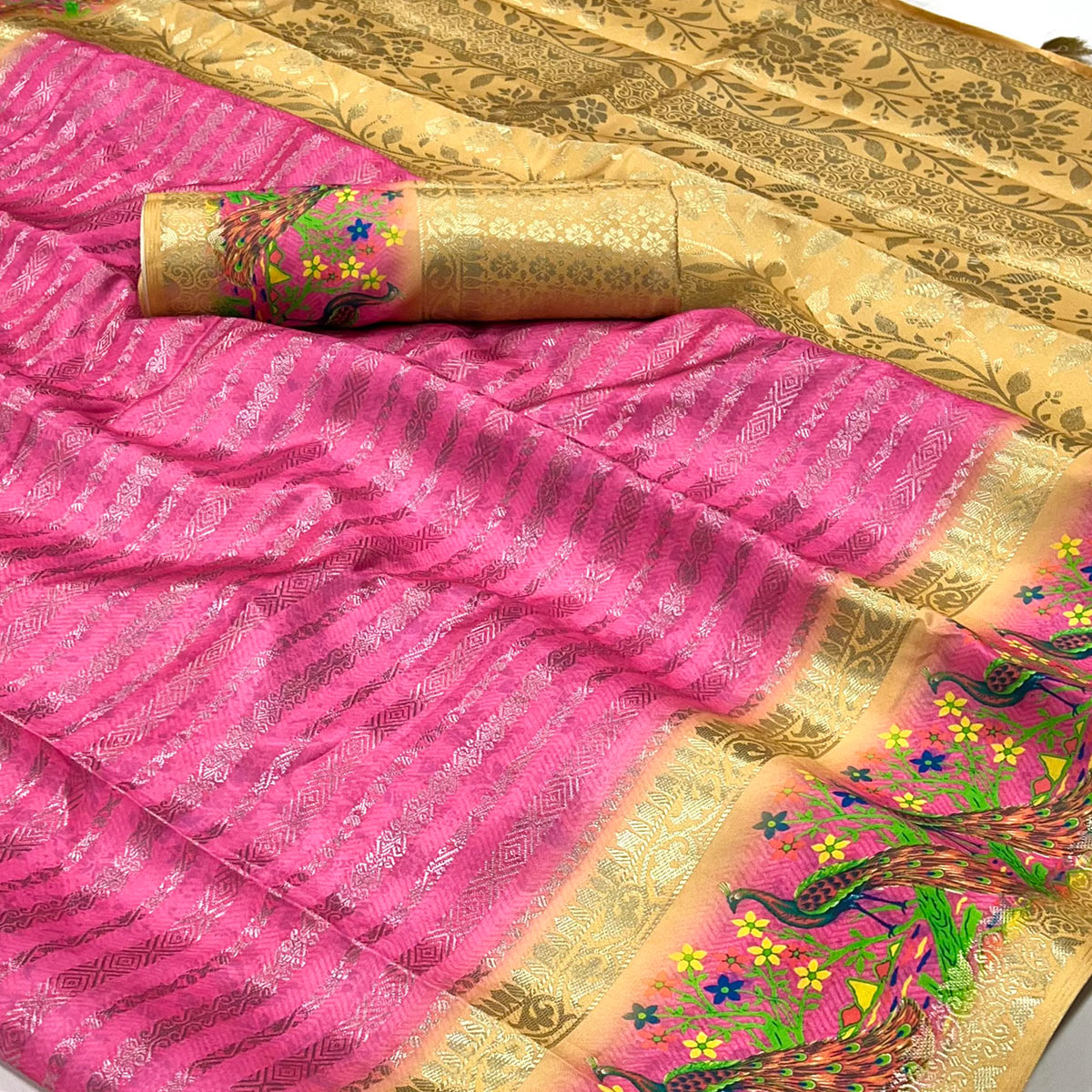 Pink Woven With Digital Printed Raw Silk Saree