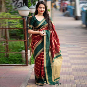 Maroon Woven Banarasi Silk Saree with Tassels