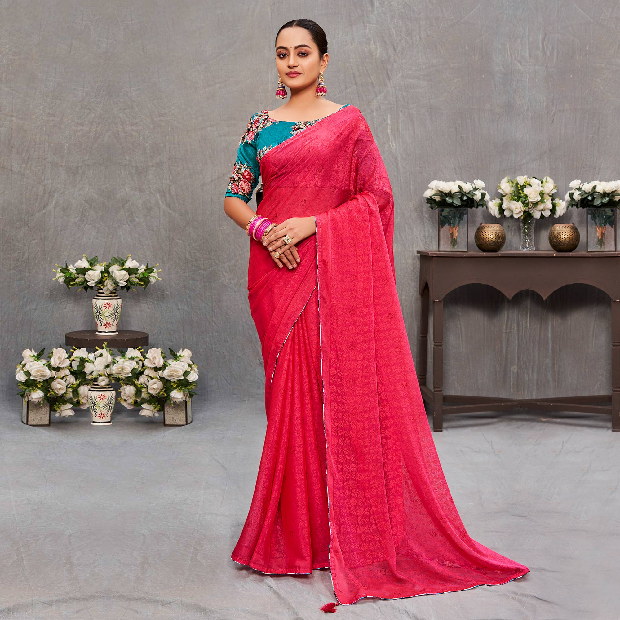 Pink Floral Printed Brasso Saree