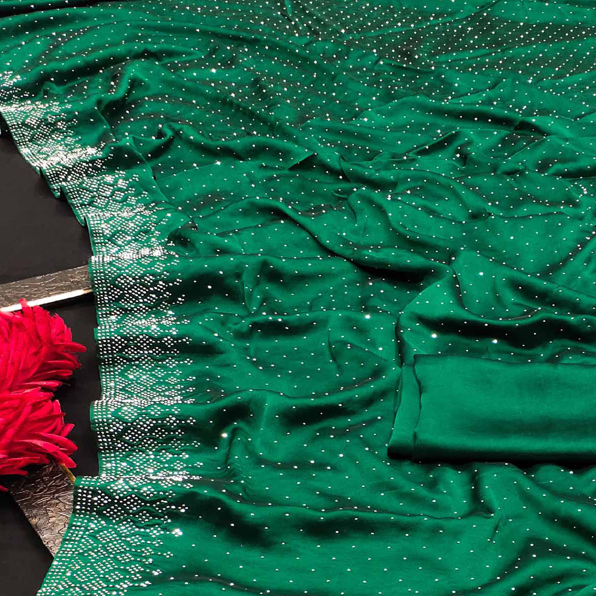 Green Swarovski Work Satin Saree