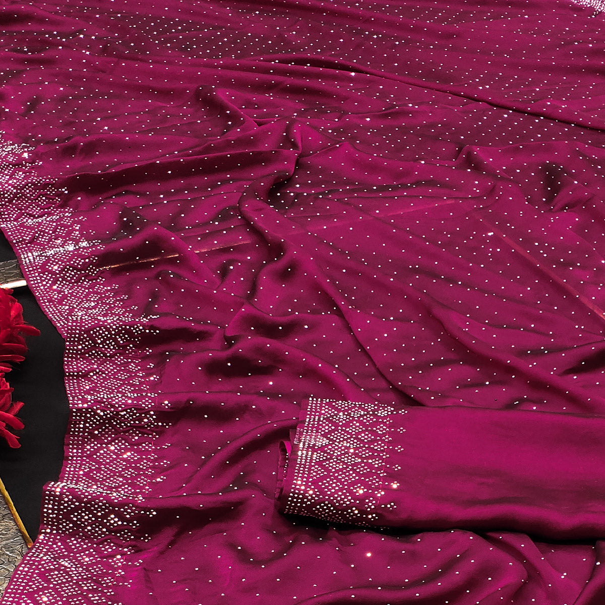 Rani Pink Swarovski Work Satin Saree