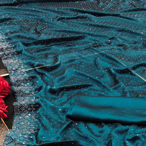 Teal Swarovski Work Satin Saree