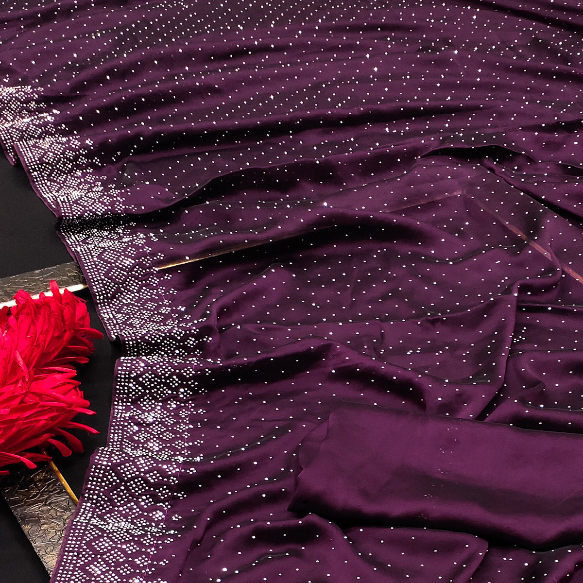 Wine Swarovski Work Satin Saree