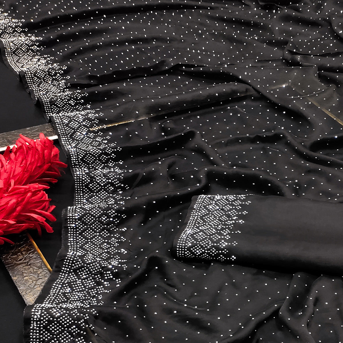 Black Swarovski Work Satin Saree