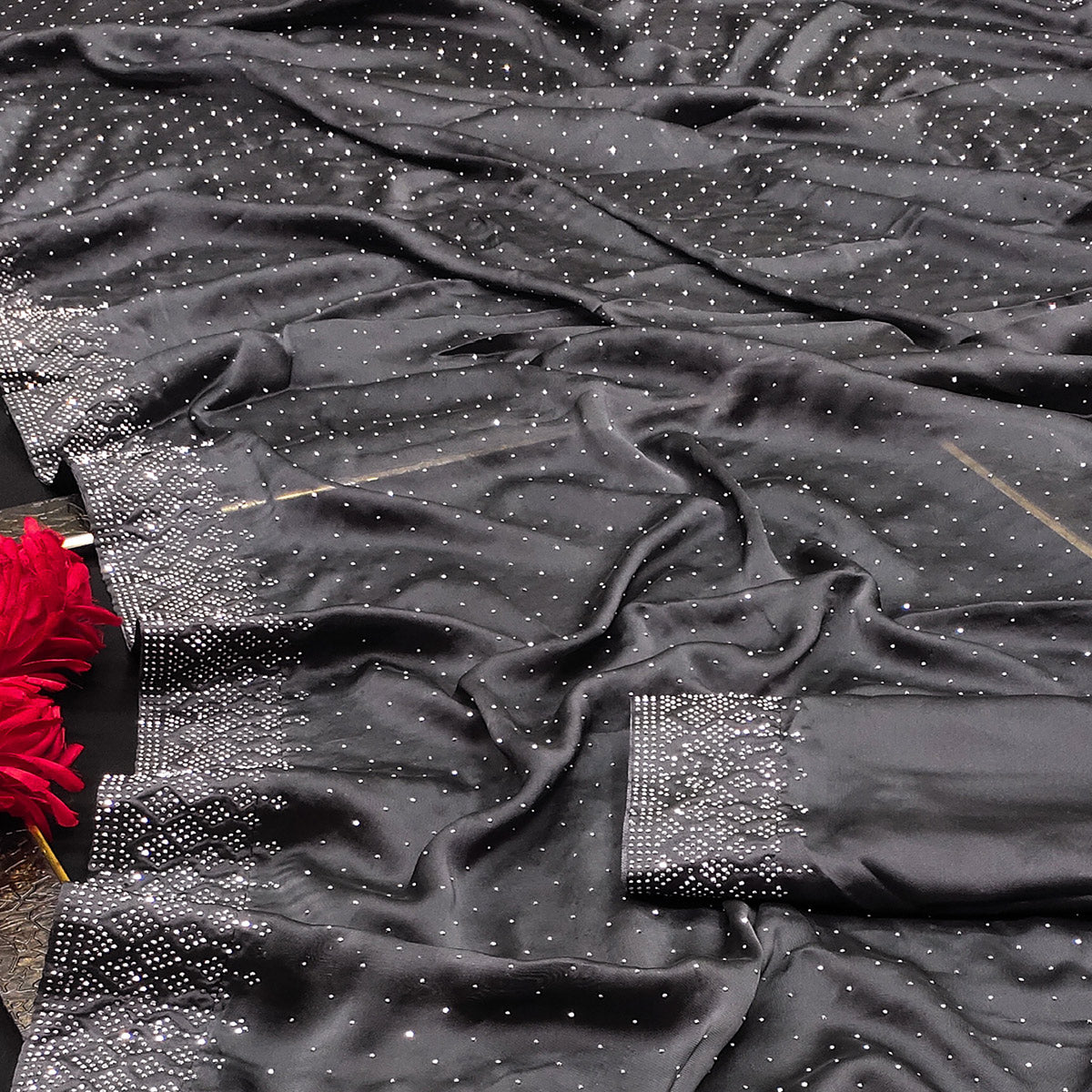 Grey Swarovski Work Satin Saree