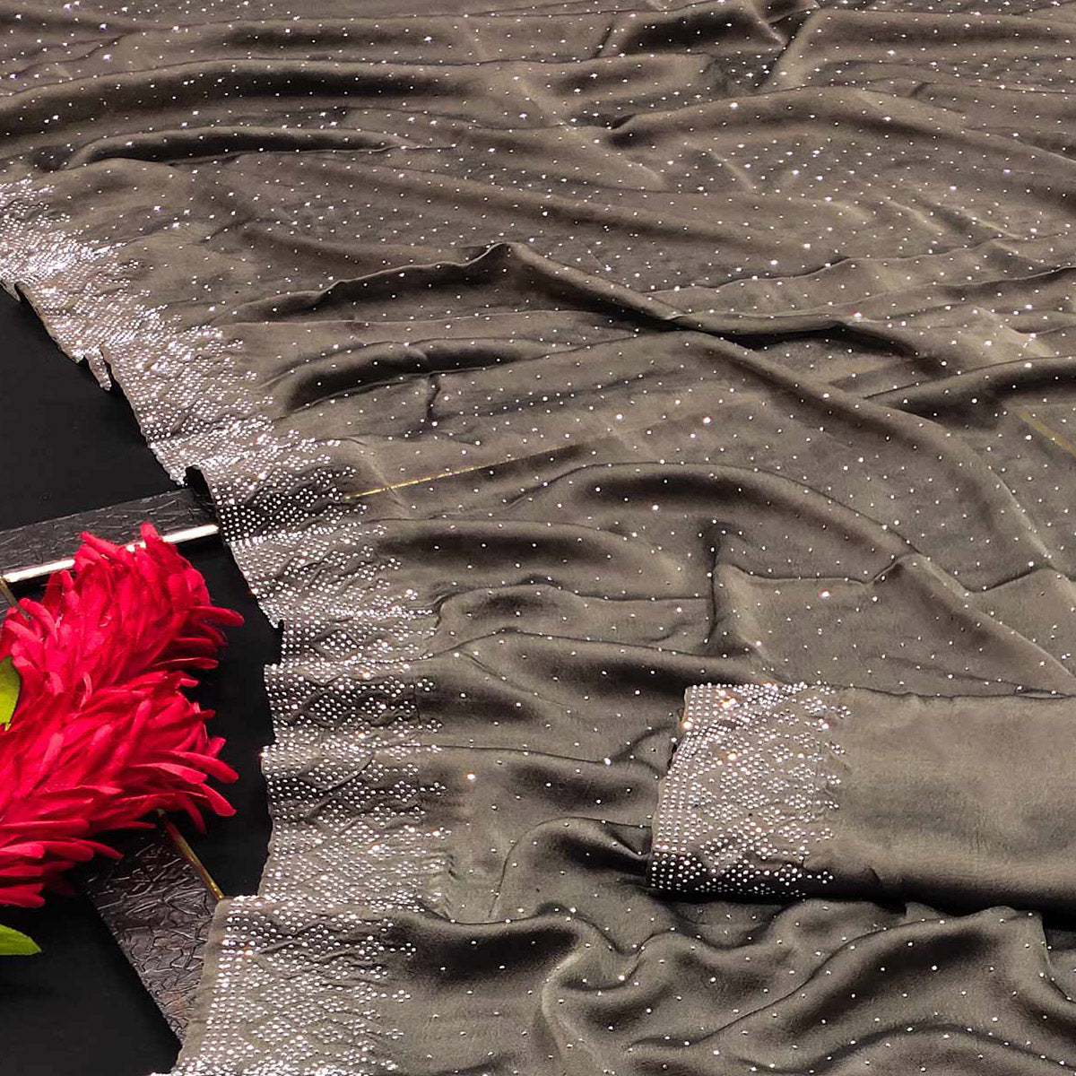 Mouse Grey Swarovski Work Satin Saree