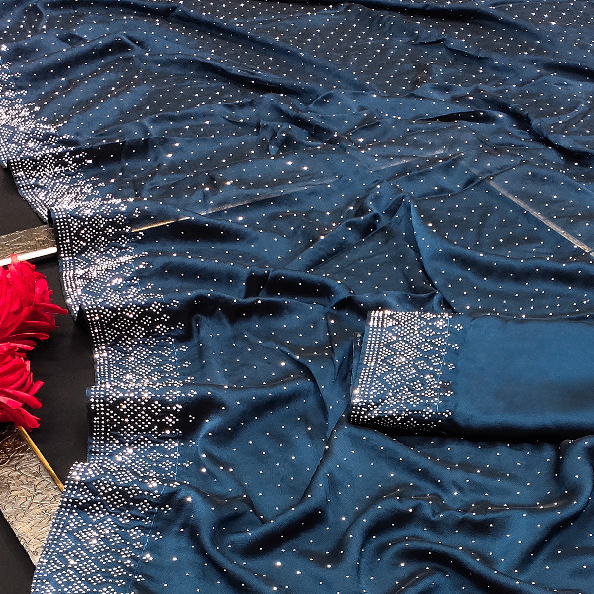 Blue Swarovski Work Satin Saree