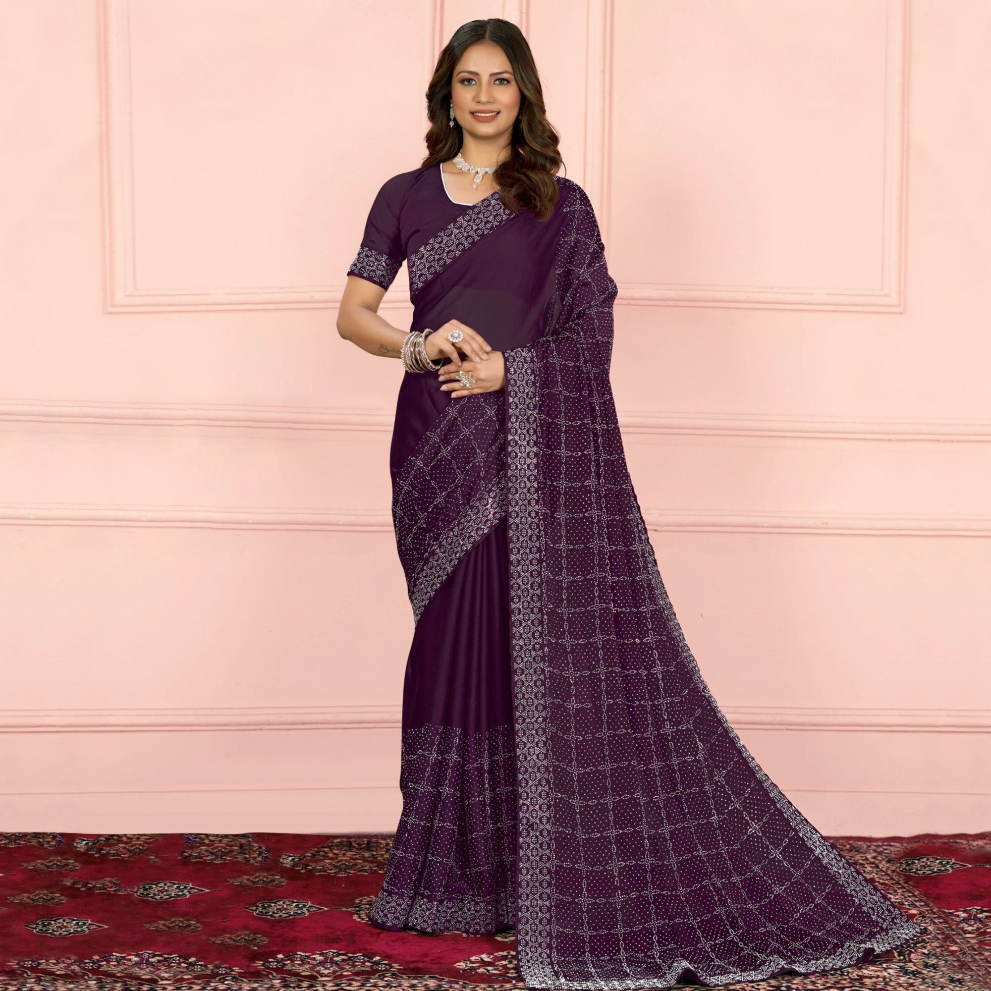 Wine Swarovski Work Satin Saree