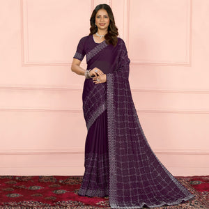 Wine Swarovski Work Satin Saree