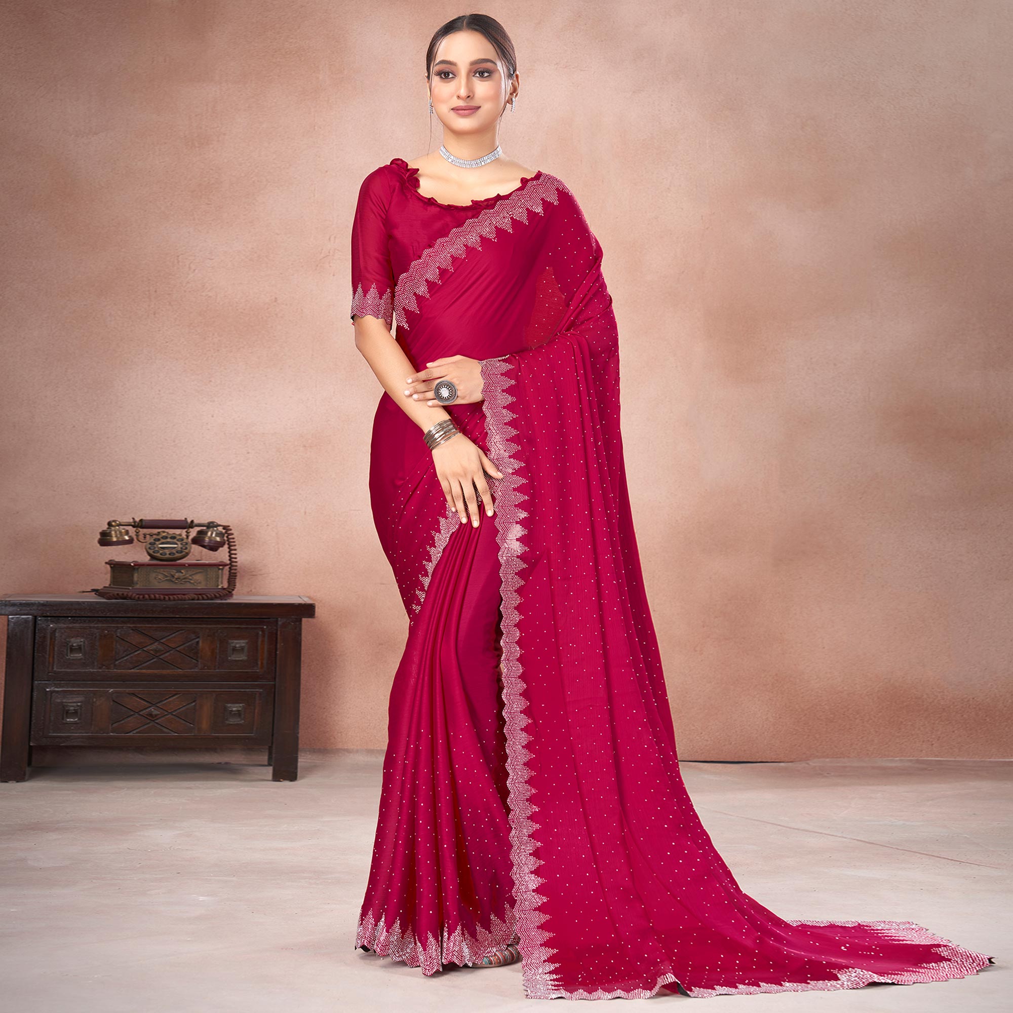 Pink Swarovski Work Satin Saree