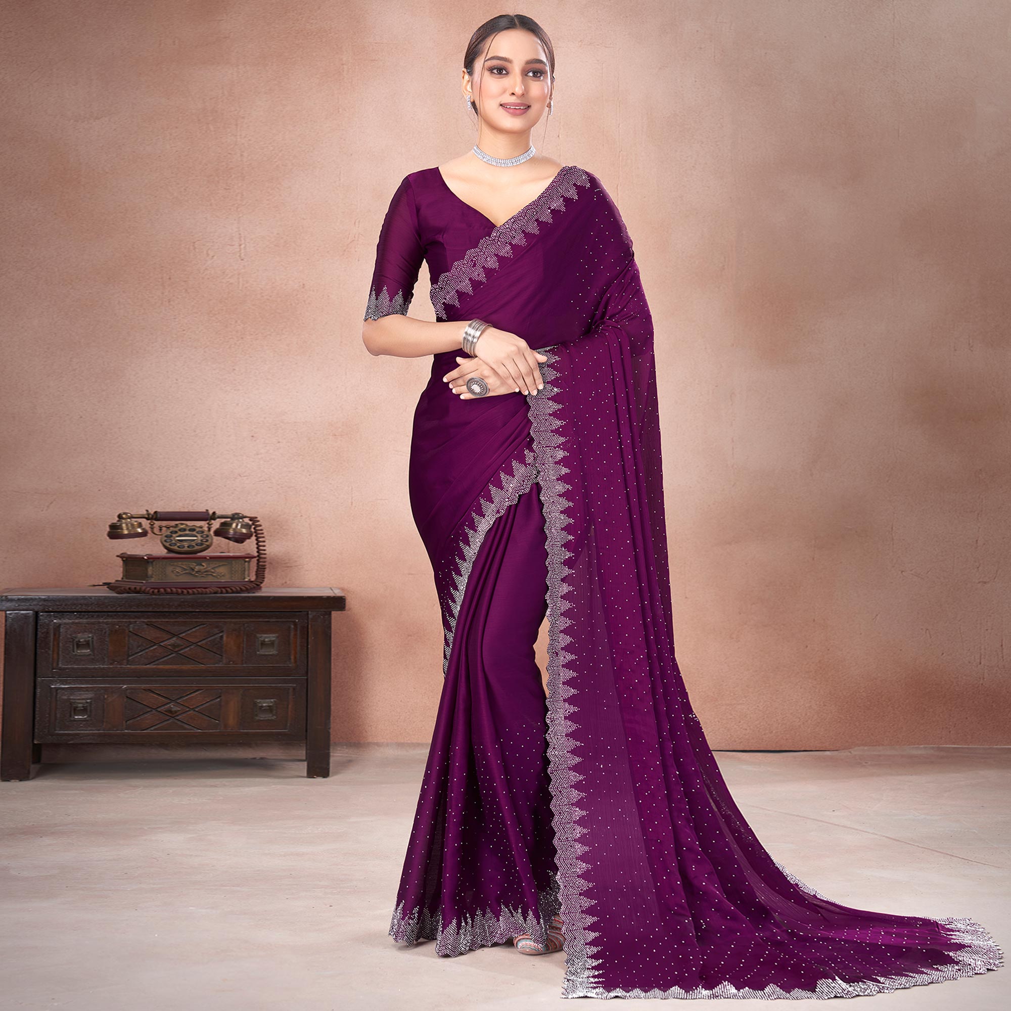 Wine Swarovski Work Satin Saree