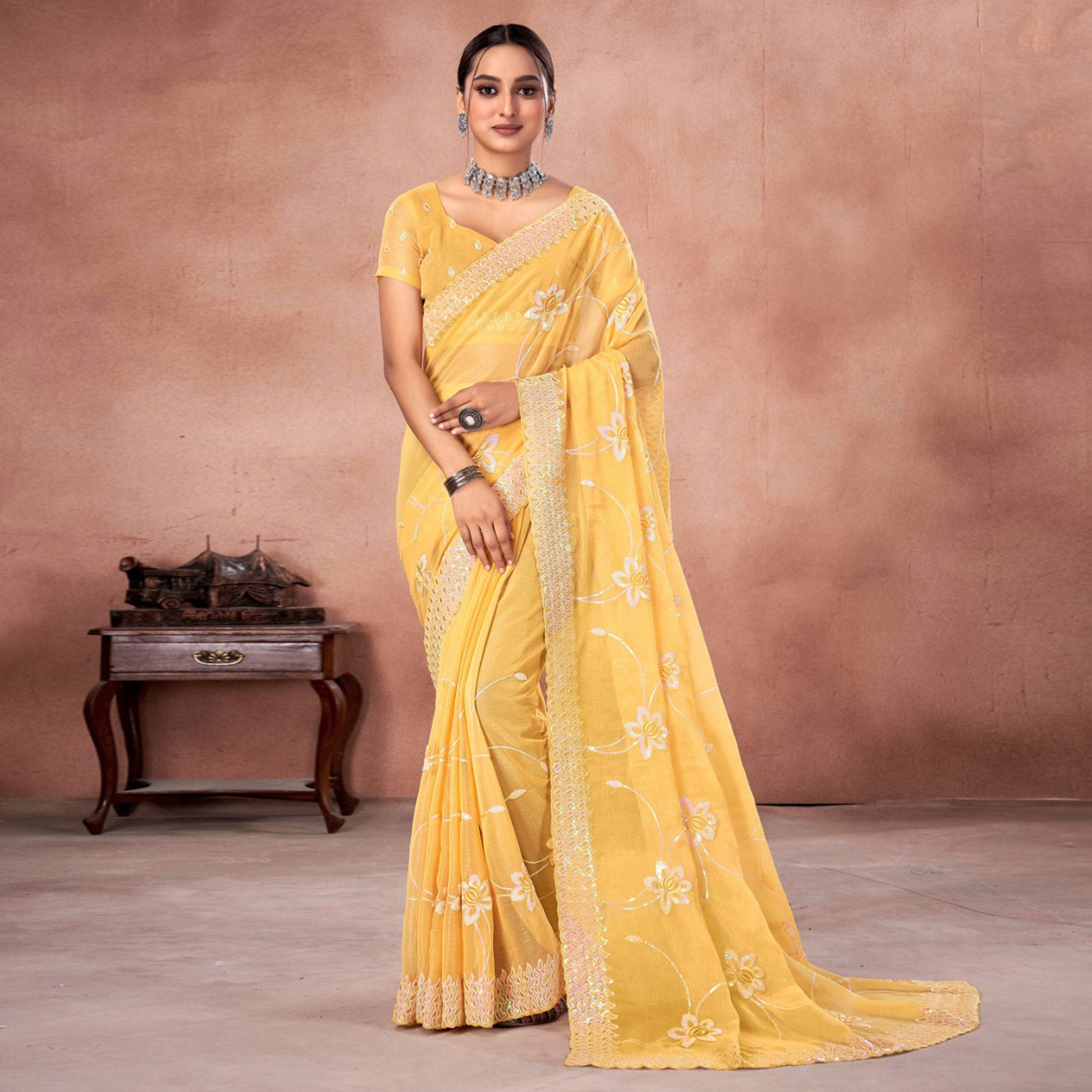 Yellow Floral Sequins Embroidered Chiffon Saree