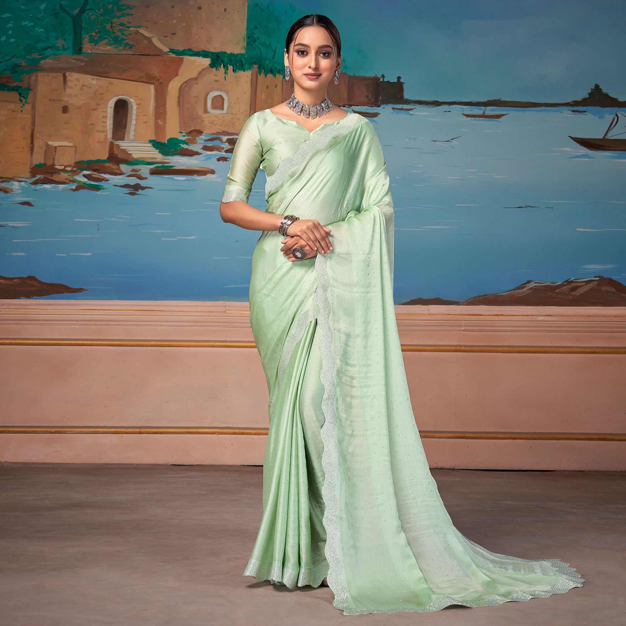 Pista Green Swarovski Work Satin Saree