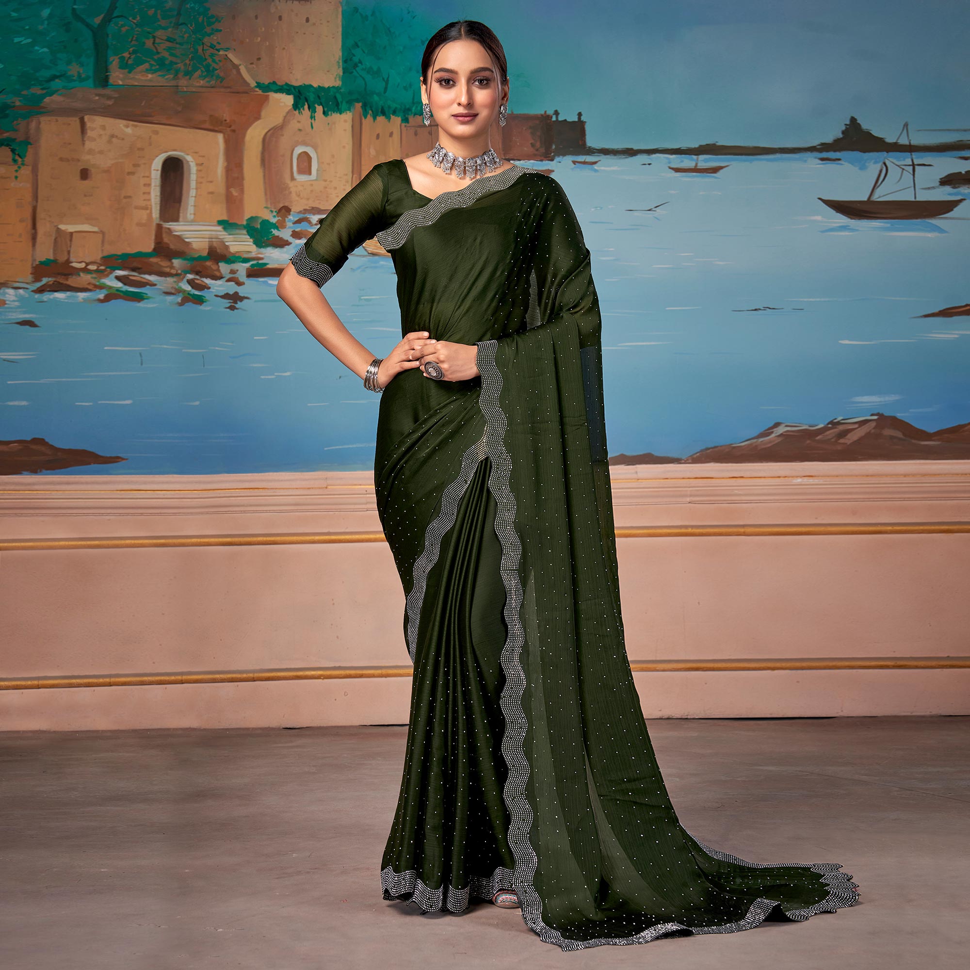 Green Swarovski Work Satin Saree