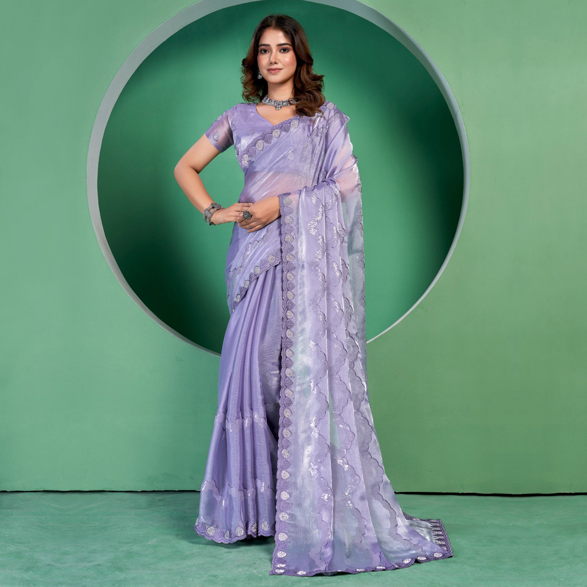 Purple Sequins Embroidered Chiffon Saree With Diamond Border