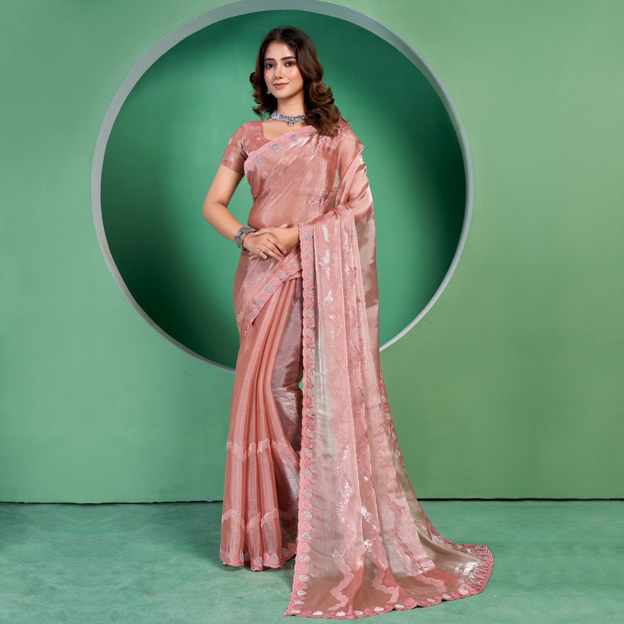 Peach Sequins Embroidered Chiffon Saree With Diamond Border
