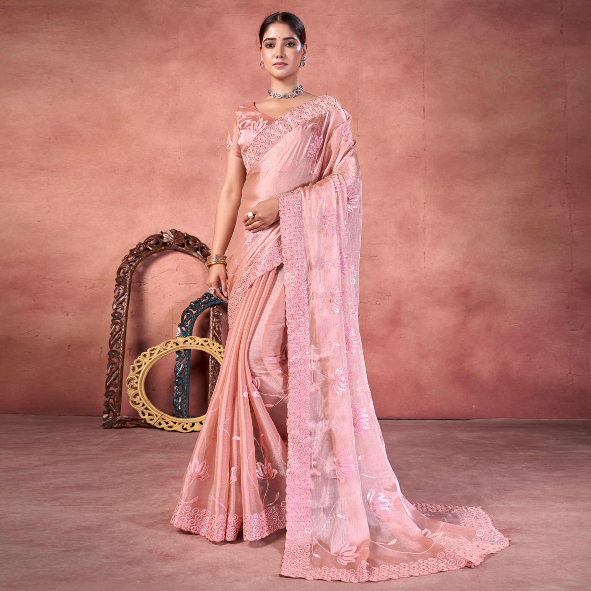 Peach Floral Sequins Embroidered chiffon Saree
