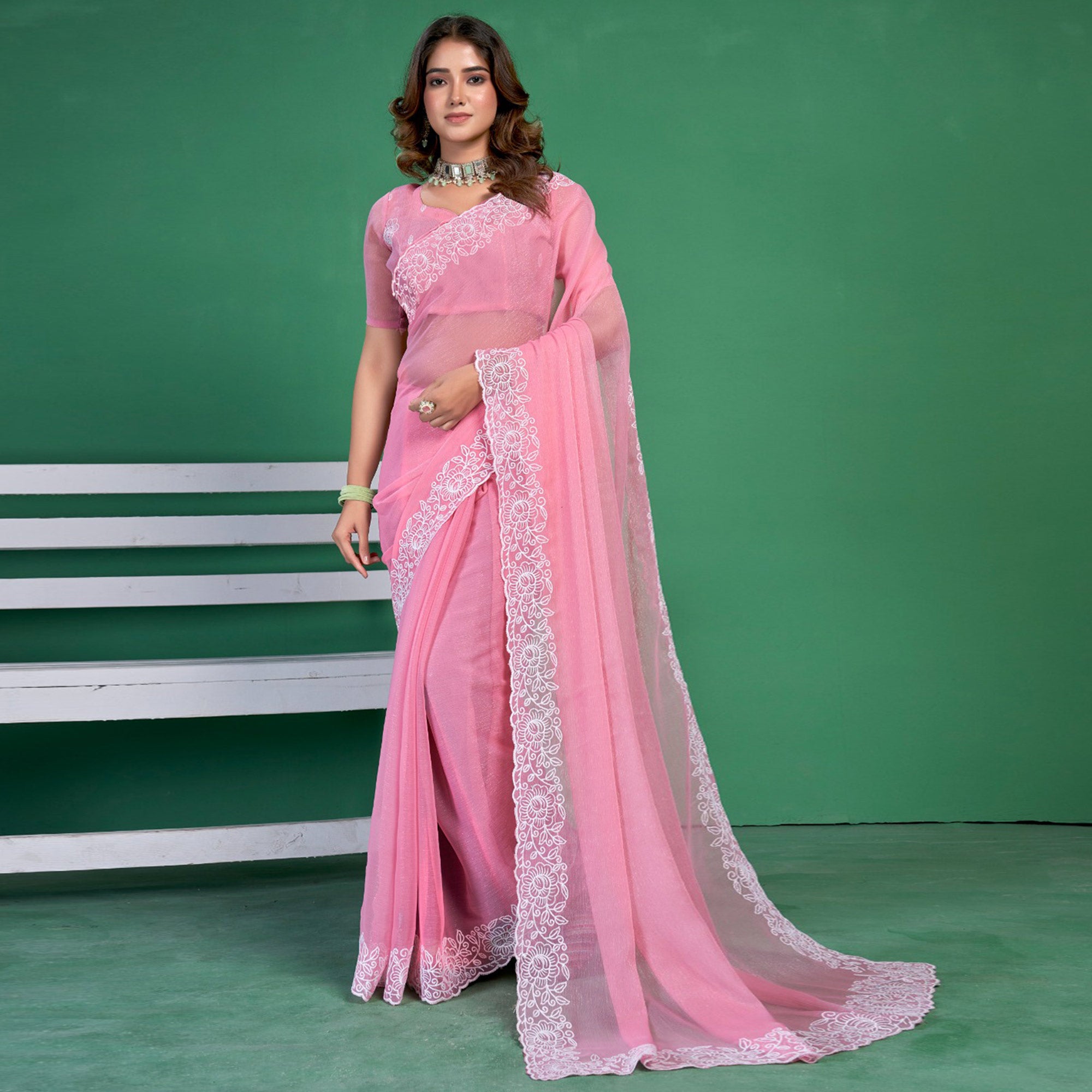 Pink Chiffon Saree With Embroidered Border