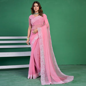Pink Chiffon Saree With Embroidered Border