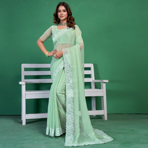 Green Chiffon Saree With Embroidered Border