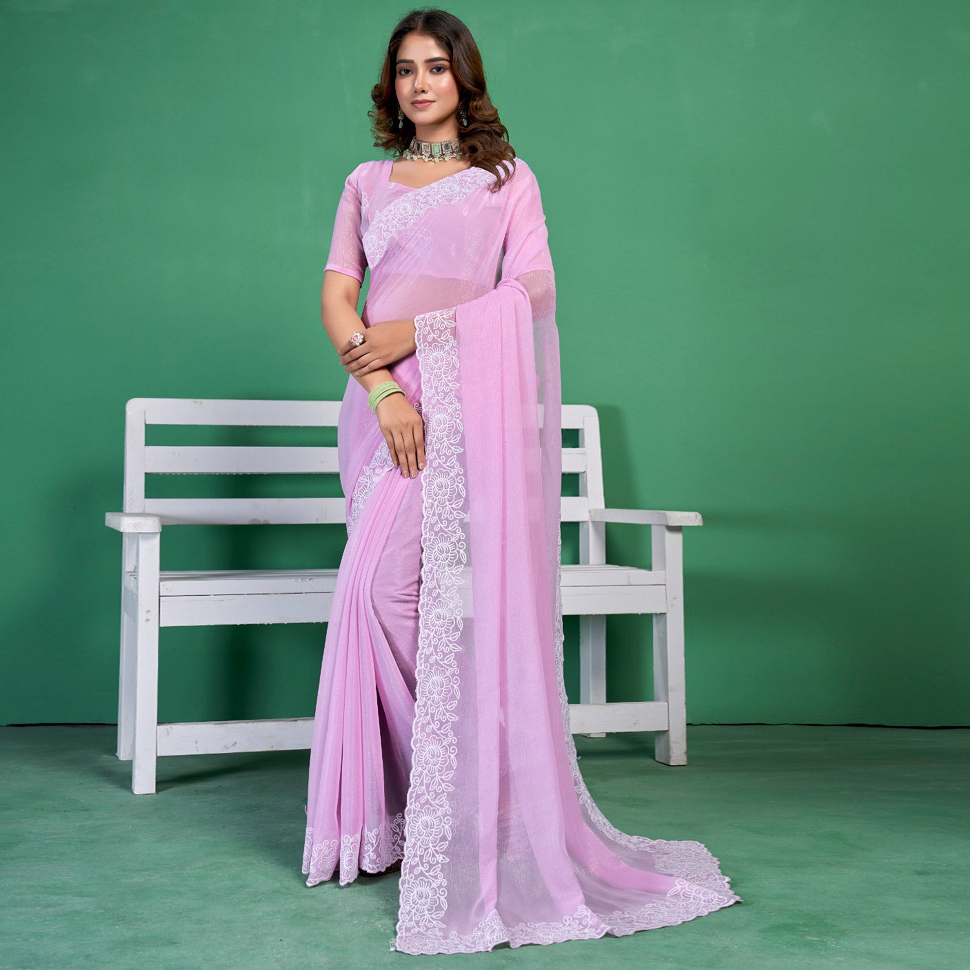 Purple Chiffon Saree With Embroidered Border