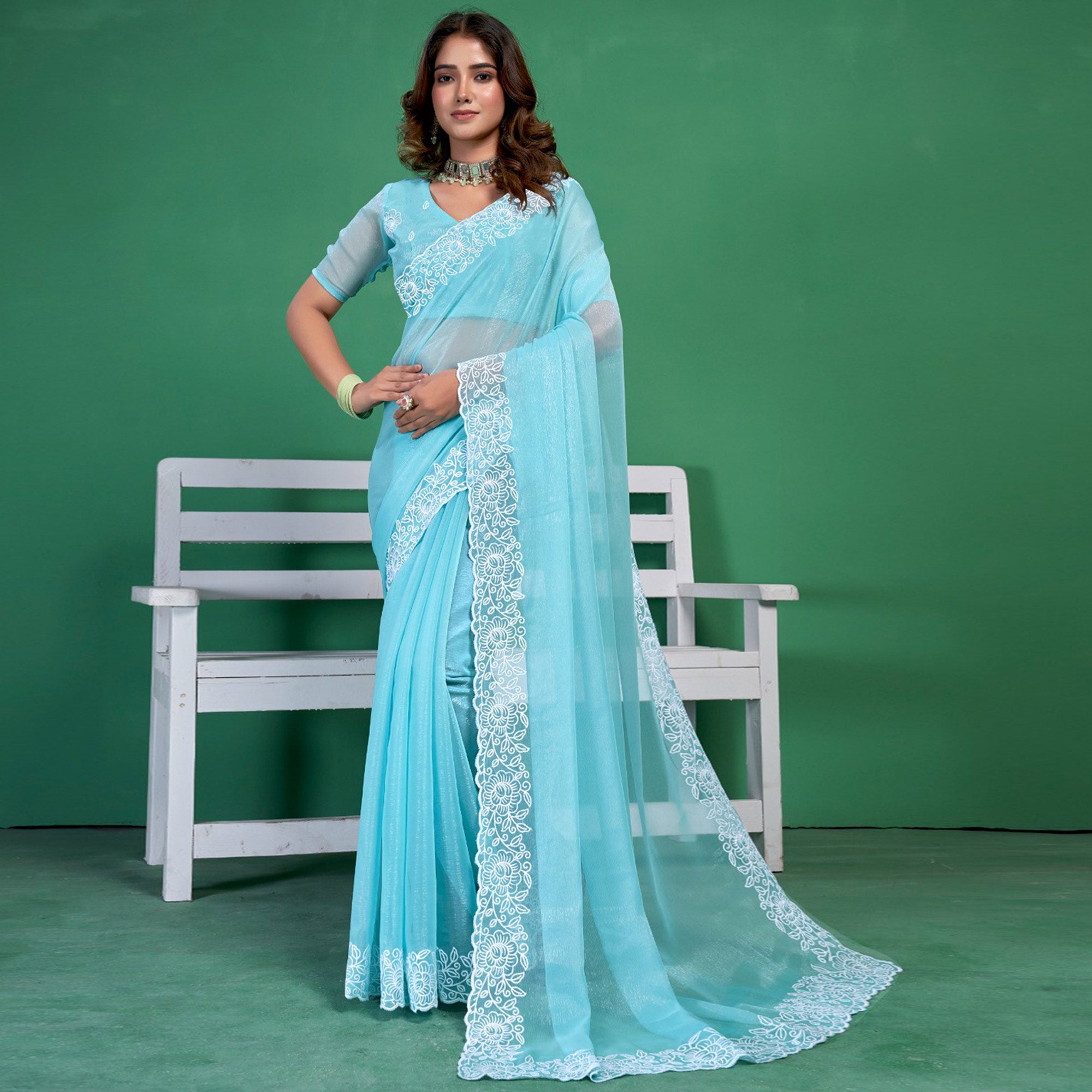 Blue Chiffon Saree With Embroidered Border
