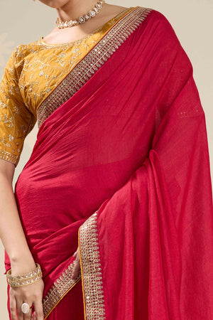 Graceful Vichitra Silk Saree in Cherry Red with Embroidered Bordering