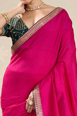 Graceful Vichitra Silk Saree in Pink with Embroidered Bordering